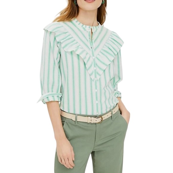 LOFT Tops - LOFT Green & White Striped Ruffle Blouse Size Xl